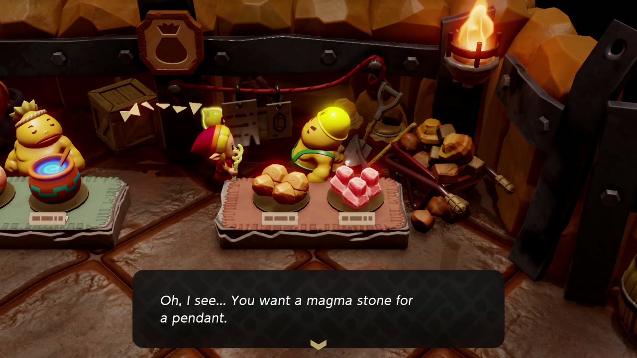 The mineral seller at the Goron City shop hears that Zelda wants a magma stone for a pendant The mineral seller at the Goron City shop hears that Zelda wants a magma stone for a pendant