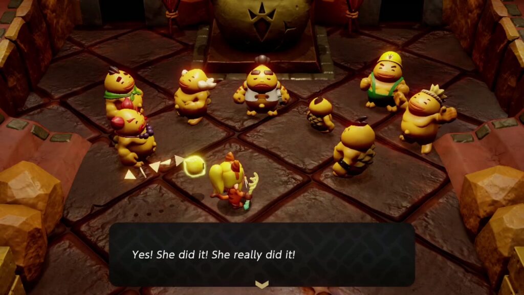 The Rift on Eldin Volcano - The Legend of Zelda: Echoes of Wisdom Walkthrough 35 Gorons crowd around Zelda in the restored main hall after the Goron City rift closes.