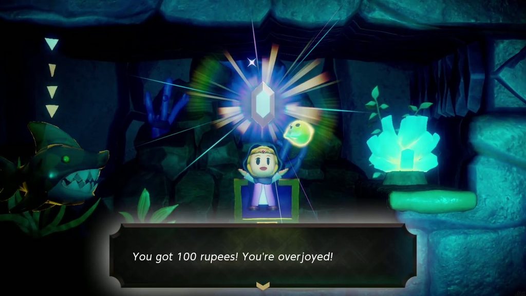 Zelda holds up a silver rupee with the text "You got 100 rupees! You're overjoyed!"