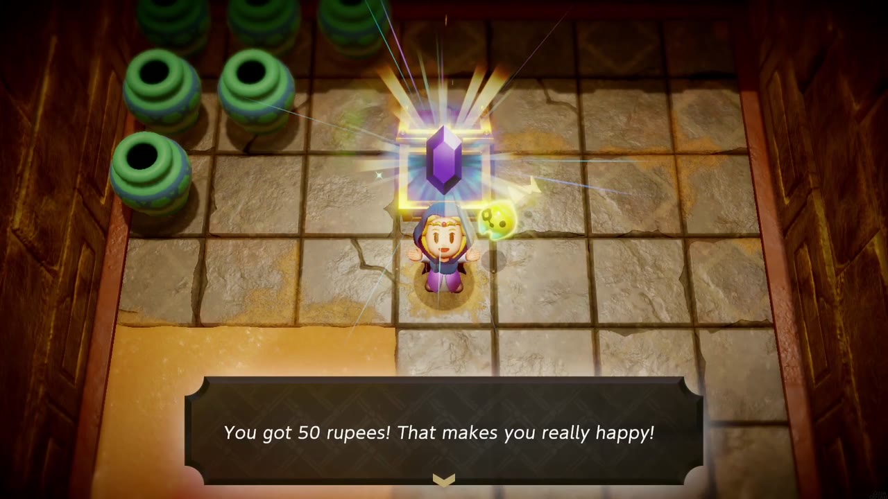 Gerudo Sanctum Dungeon - The Legend of Zelda: Echoes of Wisdom Walkthrough 75 Zelda holds up a purple rupee in the jar room below: "You got 50 rupees!"