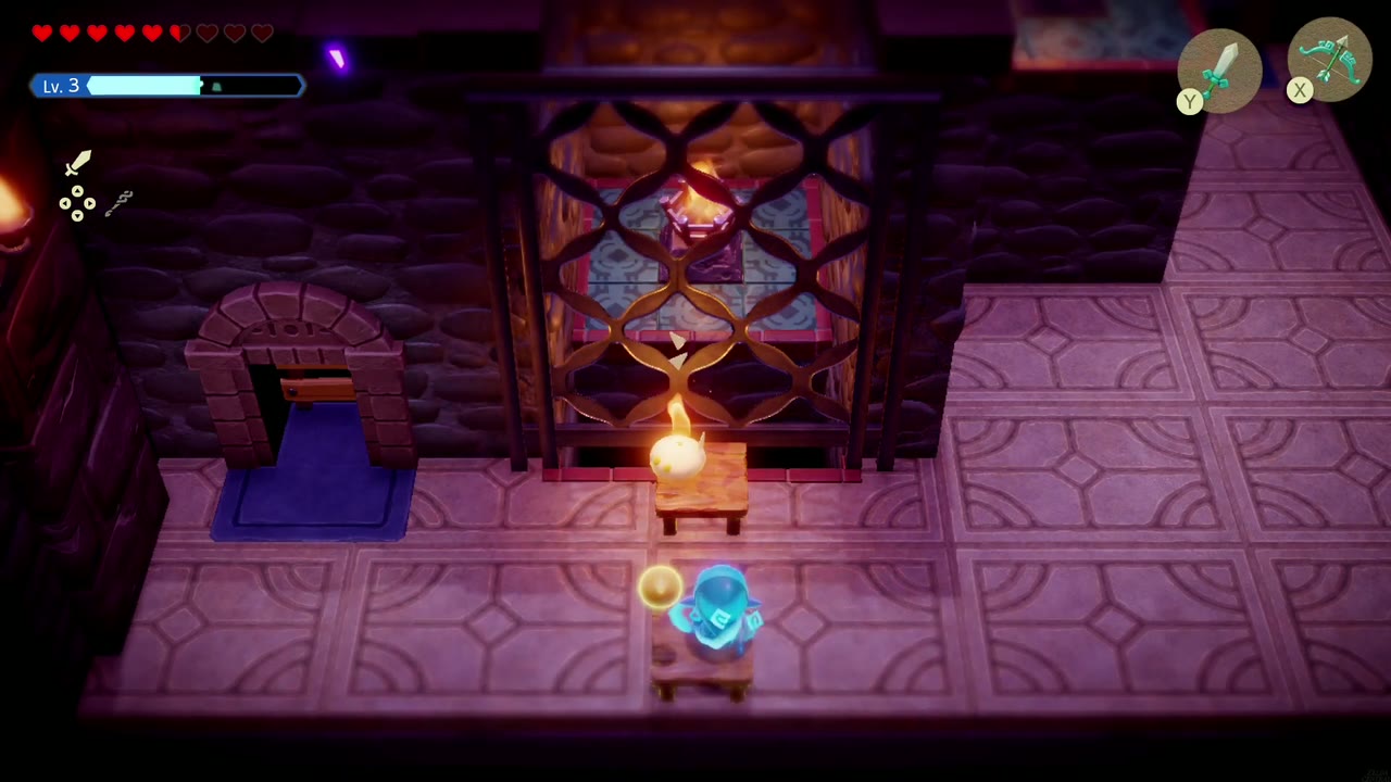 Hyrule Castle: Still Missing - The Legend of Zelda: Echoes of Wisdom Walkthrough 71 The Ignizol's flame has lit the torch behind the grate while Zelda stands by in Swordfighter Form.