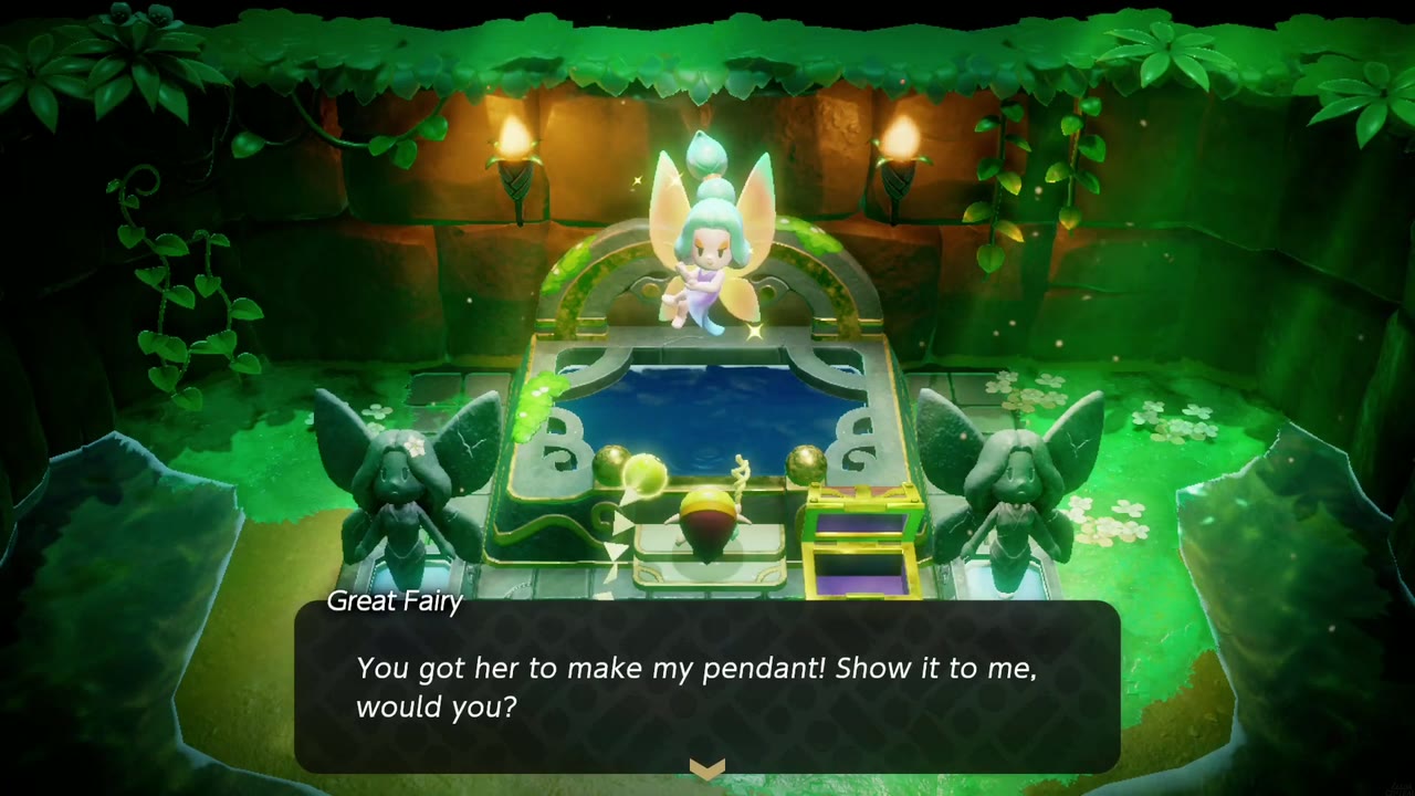 The Great Fairy hovers over her fountain and asks Zelda to show her the finished pendant The Great Fairy hovers over her fountain and asks Zelda to show her the finished pendant