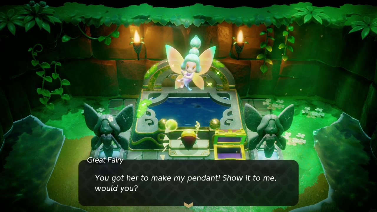 The Great Fairy asks Zelda to show her the finished pendant. The Great Fairy asks Zelda to show her the finished pendant.