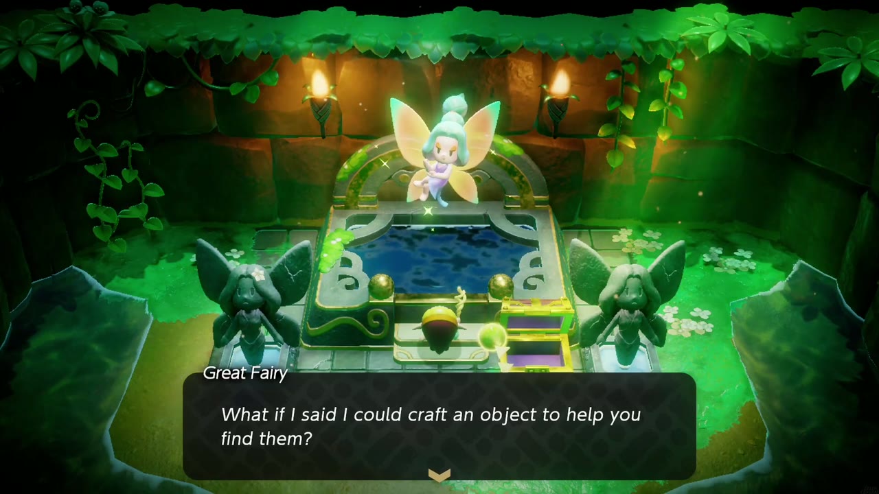 The Great Fairy offers to craft an object to help Zelda find the blue things she collects. The Great Fairy offers to craft an object to help Zelda find the blue things she collects.