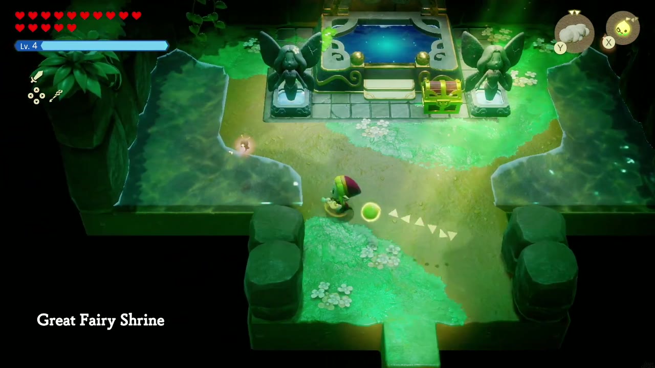 Zelda enters the Great Fairy Shrine on the islet in Lake Hylia. Zelda enters the Great Fairy Shrine on the islet in Lake Hylia.