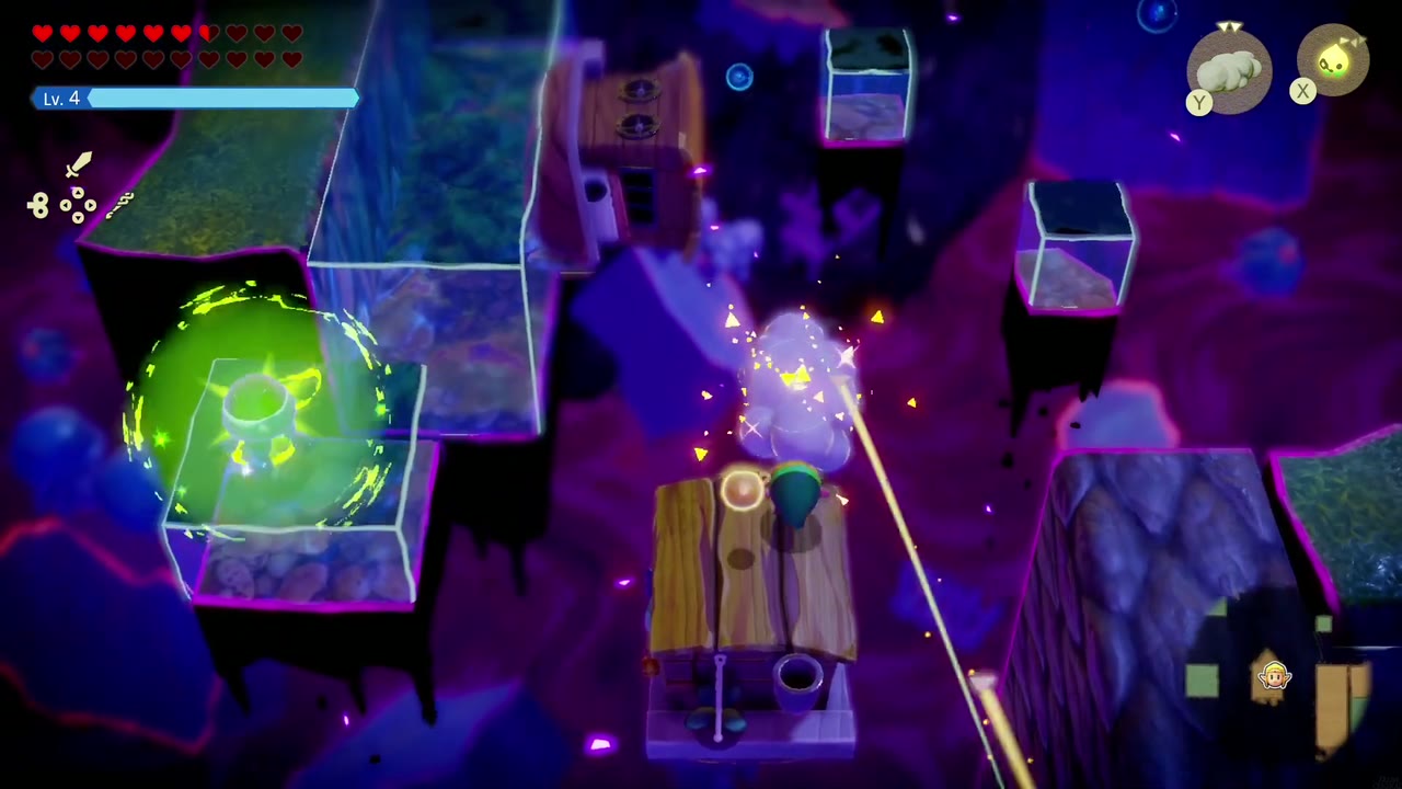 The Eternal Forest - The Legend of Zelda: Echoes of Wisdom Walkthrough 68 Zelda rises beside more water blocks while a green swirling orb glows nearby in the Stilled Ancient Ruins.