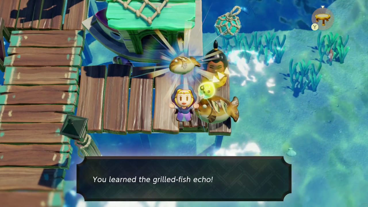 Zelda aprende o eco do Peixe Grelhado no píer da Vila Seesyde. Zelda aprende o eco do Peixe Grelhado no píer da Vila Seesyde.