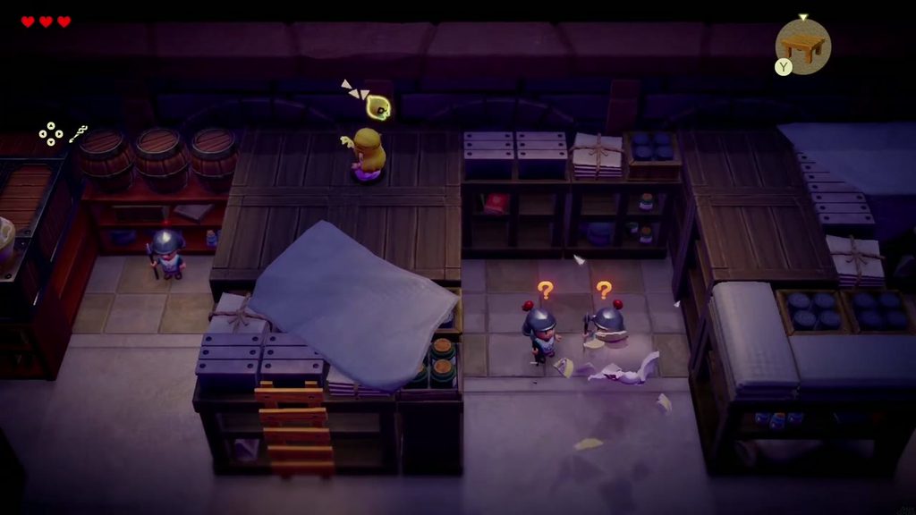 Two guards rush to a smashed Hyrule Castle Pot while Zelda stays hidden on the shelves above