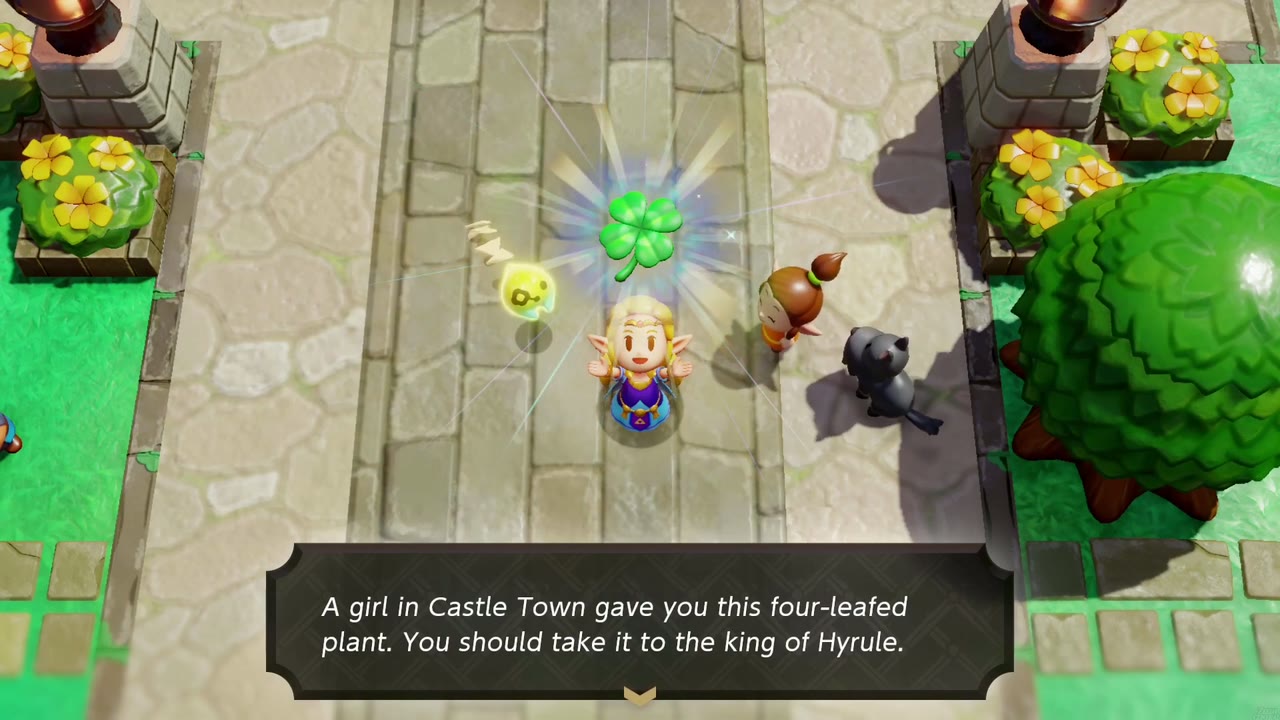 Zelda holds up the four-leafed Happy Clover Romi gave her, to take to the King of Hyrule. Zelda holds up the four-leafed Happy Clover Romi gave her, to take to the King of Hyrule.