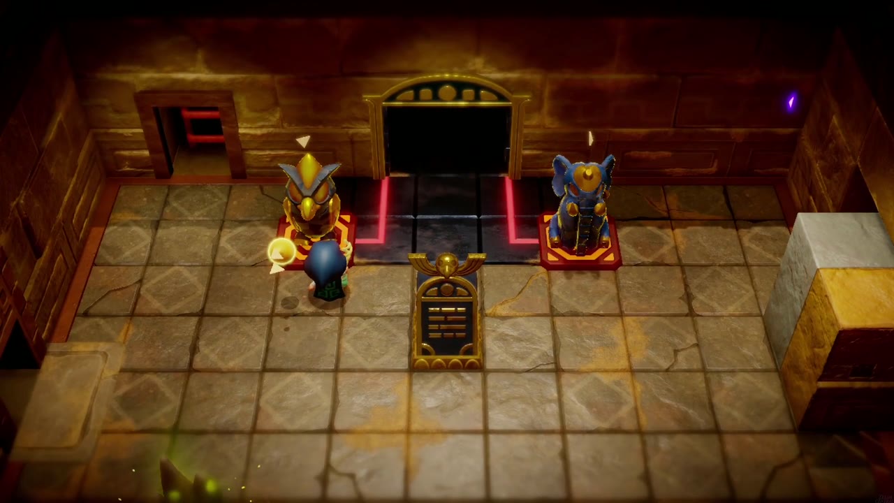 Gerudo Sanctum Dungeon - The Legend of Zelda: Echoes of Wisdom Walkthrough 124 Hawk Statue on the left tile and Elephant Statue on the right; the great tribute door is open.