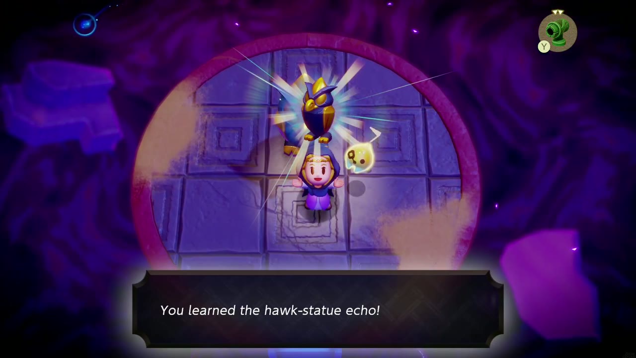 Zelda aprende o eco da Estátua do Falcão no topo de uma torre redonda no Mundo Estático, fora do Santuário. Zelda aprende o eco da Estátua do Falcão no topo de uma torre redonda no Mundo Estático, fora do Santuário.