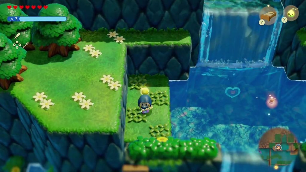 The Jabul Waters Rift - The Legend of Zelda: Echoes of Wisdom Walkthrough 91 A heart-shaped glint marks the Piece of Heart on the floor of the pool beneath a Zora River waterfall.