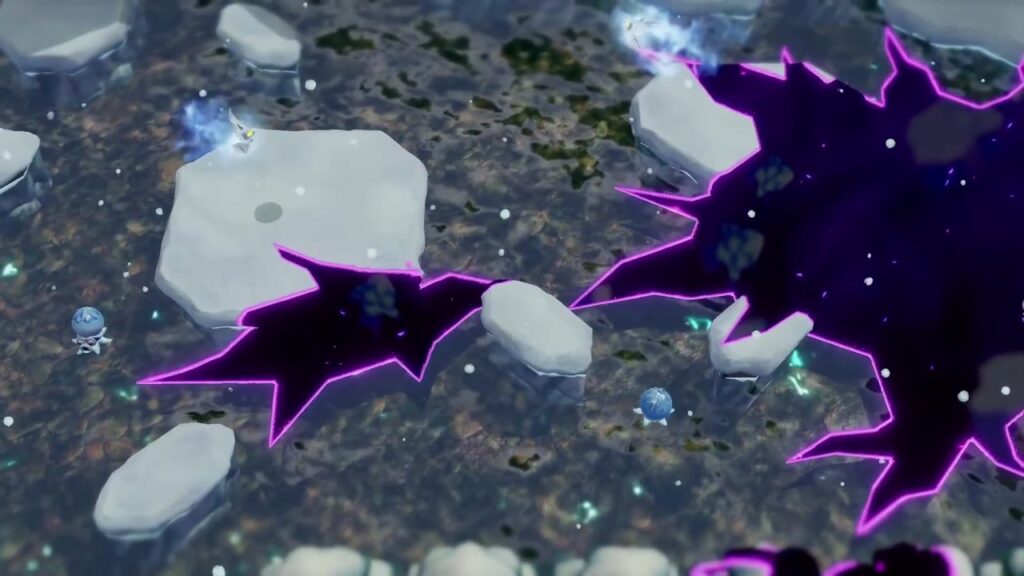 Hebra Mountain: A Rift on Holy Mount Lanayru - The Legend of Zelda: Echoes of Wisdom Walkthrough 19 The camera pans across the huge purple-edged rift spreading over Hebra Mountain's snowy slope.