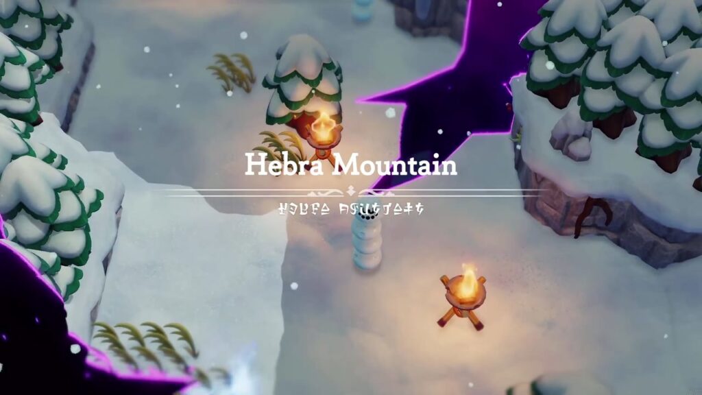 Hebra Mountain: A Rift on Holy Mount Lanayru - The Legend of Zelda: Echoes of Wisdom Walkthrough 18 Zelda exits the cave onto snowy Hebra Mountain as its title card appears beside a campfire and rift.