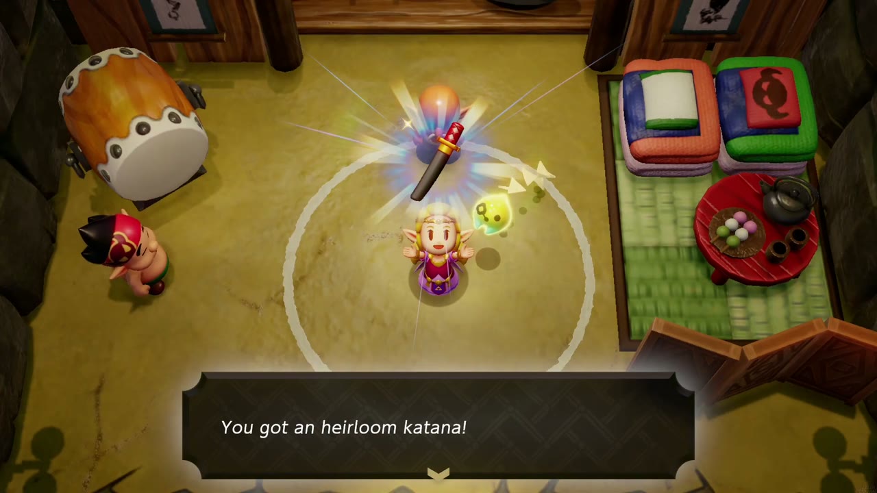 Zelda receives the heirloom katana at Kakariko's Slumber Dojo, needed for Chop 'em in Two! Zelda receives the heirloom katana at Kakariko's Slumber Dojo, needed for Chop 'em in Two!