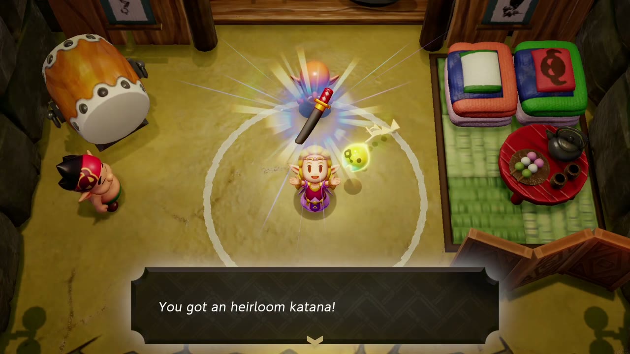 Zelda holds up the Heirloom Katana in the Slumber Dojo ring as the get message appears Zelda holds up the Heirloom Katana in the Slumber Dojo ring as the get message appears