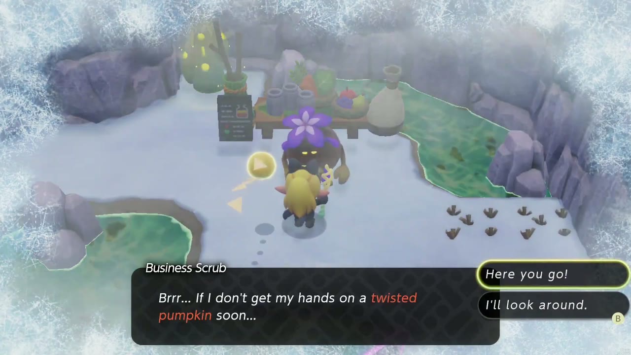 Zelda chooses "Here you go!" to hand the Business Scrub a Twisted Pumpkin. Zelda chooses "Here you go!" to hand the Business Scrub a Twisted Pumpkin.