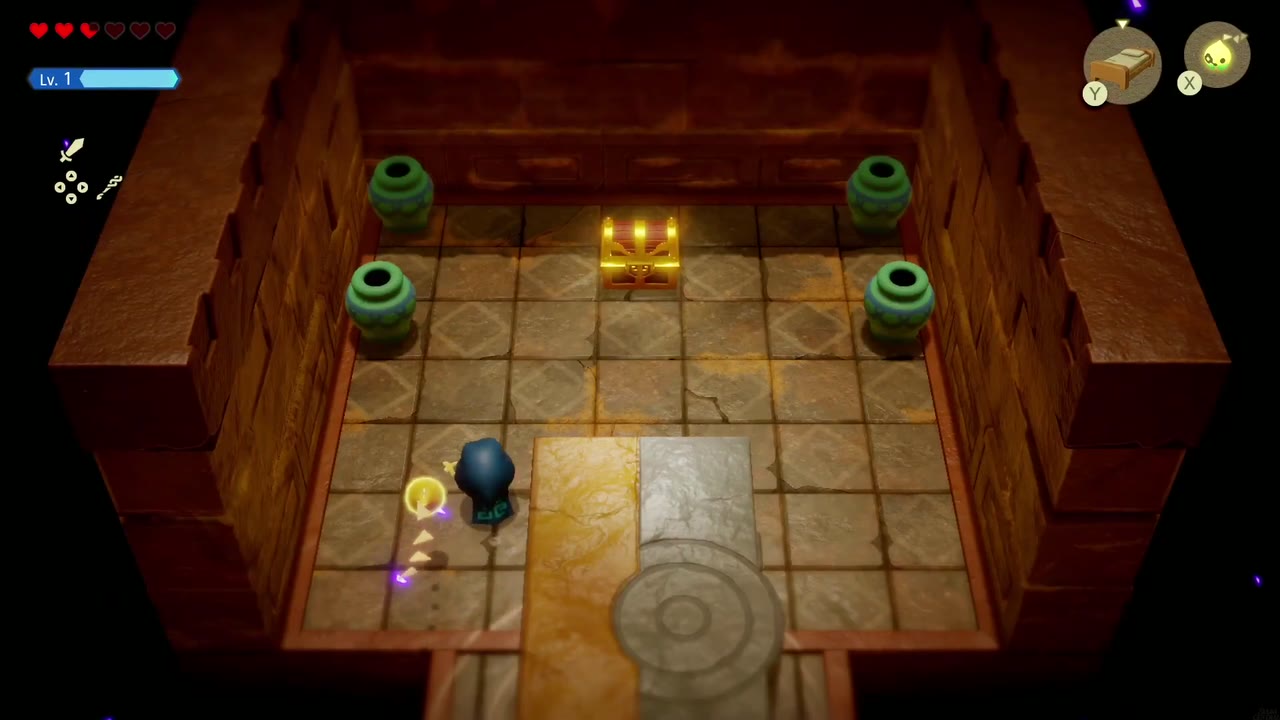 Gerudo Sanctum Dungeon - The Legend of Zelda: Echoes of Wisdom Walkthrough 28 The hidden room behind the wall holds a chest surrounded by four jars.