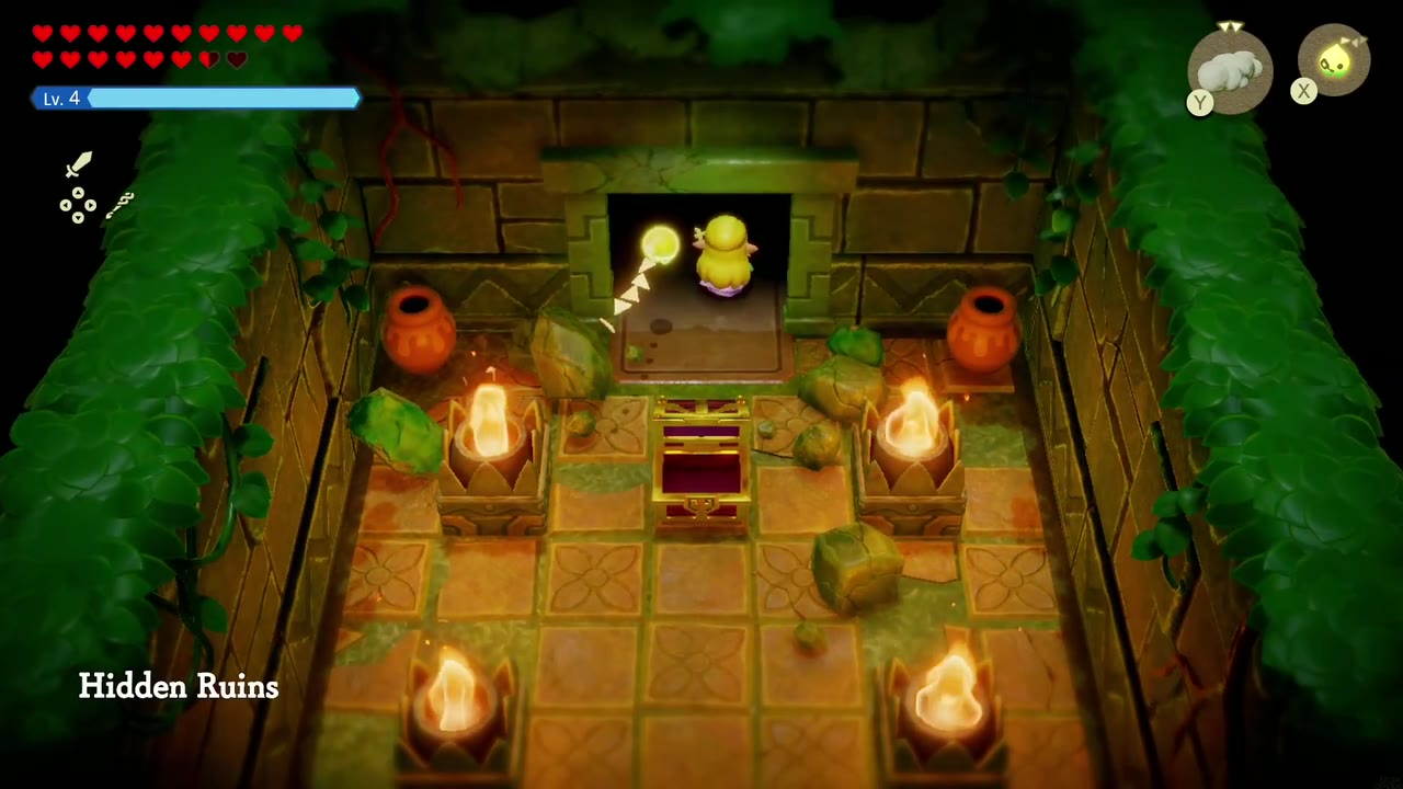 Zelda enters the torch-lit first room of the Hidden Ruins in Faron Wetlands. Zelda enters the torch-lit first room of the Hidden Ruins in Faron Wetlands.
