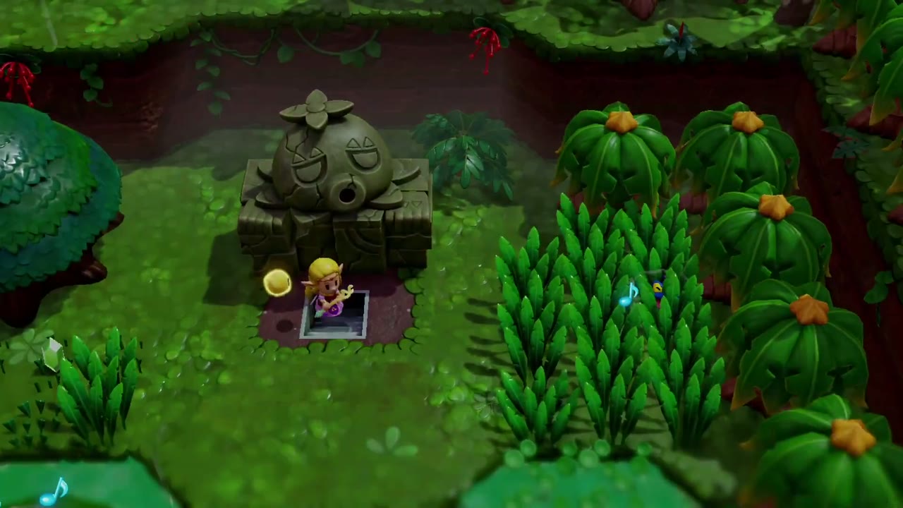 Zelda stands at the stairway beside a Deku stone head that leads down into the Hidden Ruins. Zelda stands at the stairway beside a Deku stone head that leads down into the Hidden Ruins.