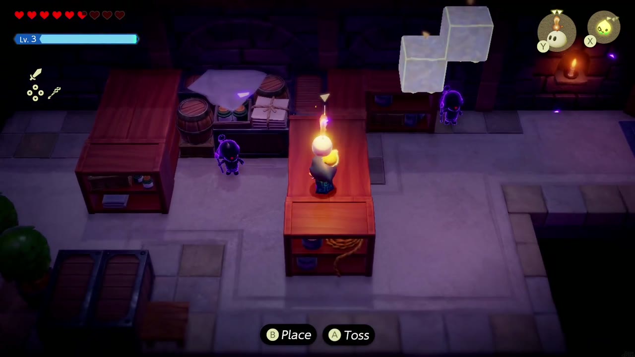 Hyrule Castle: Still Missing - The Legend of Zelda: Echoes of Wisdom Walkthrough 53 Zelda holds an Ignizol echo on top of a cabinet, ready to toss it at the shadow guards below.