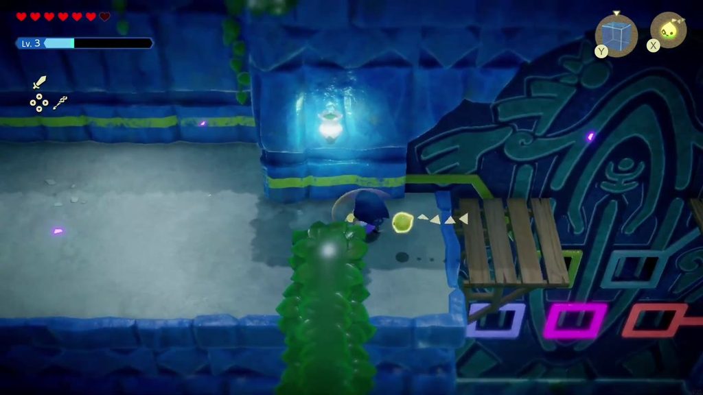 Zelda hops off the top of the water jet onto the upper ledge to the left.