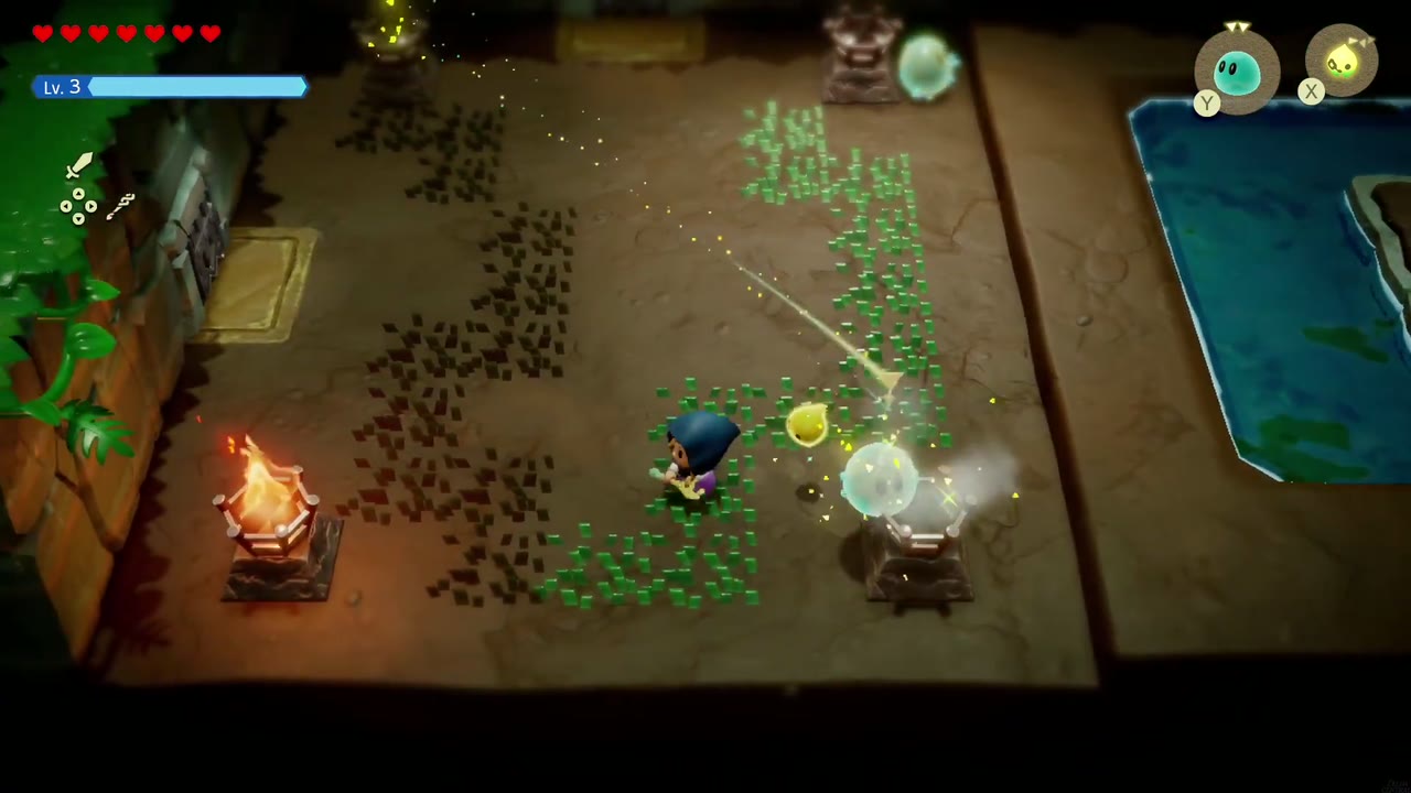 The Jabul Waters Rift - The Legend of Zelda: Echoes of Wisdom Walkthrough 96 A summoned Hydrozol splashes out a brazier in the Zora Cove torch room; one flame is still burning.