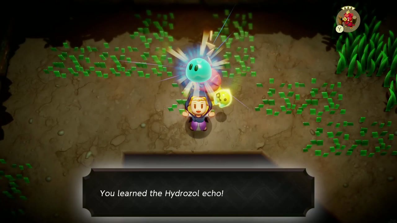 Zelda aprende o eco do Hidrozol em uma caverna gramada perto de um Zora Borda do penhasco da enseada Zelda aprende o eco do Hidrozol em uma caverna gramada perto de um Zora Borda do penhasco da enseada