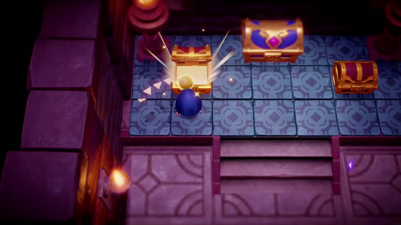 Zelda opens the left chest in the Stilled Hyrule Castle B2 treasure room beside the big center chest Zelda opens the left chest in the Stilled Hyrule Castle B2 treasure room beside the big center chest