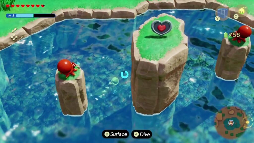 A Hyrule Feldteich aus Steinsäulen mit OctorokEin S auf den kurzen und ein Herzstück auf dem größten.