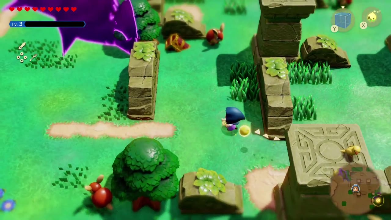 Hyrule Castle: Still Missing - The Legend of Zelda: Echoes of Wisdom Walkthrough 136 Crumbling stone ruins and carved pillars beside a purple rift in Hyrule Field.