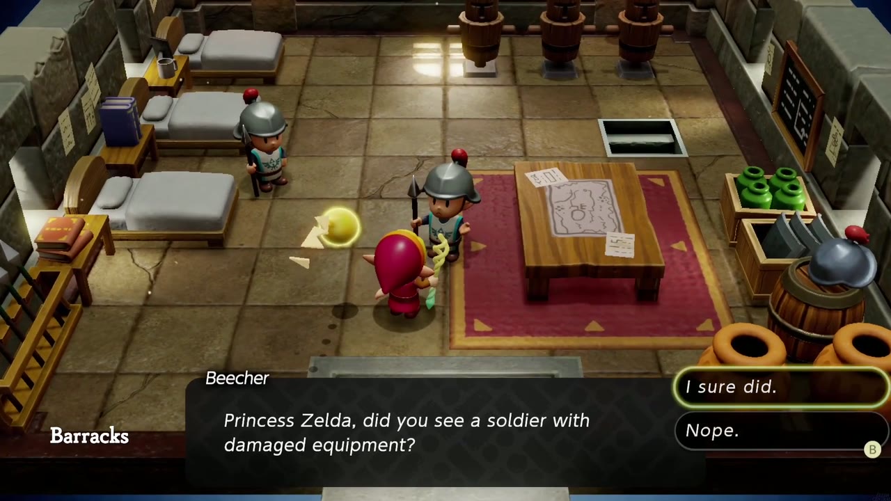 One Soldier Too Many - The Legend of Zelda: Echoes of Wisdom Walkthrough 19 Beecher asks if Zelda saw a soldier with damaged equipment; I sure did. is highlighted.