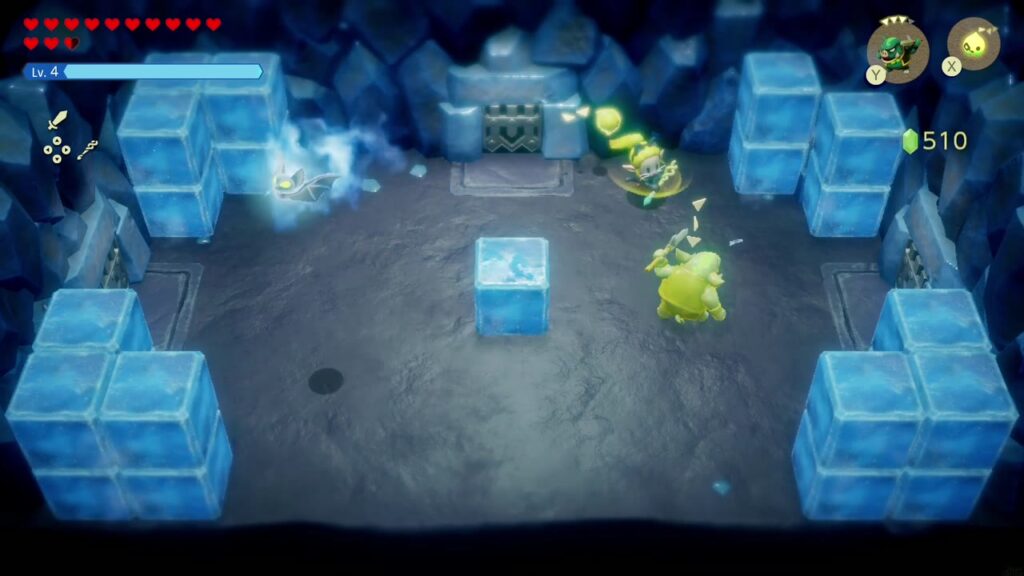 Hebra Mountain: A Rift on Holy Mount Lanayru - The Legend of Zelda: Echoes of Wisdom Walkthrough 63 Zelda and her echoes fight enemies in the ice-block room with a barred door to the north.
