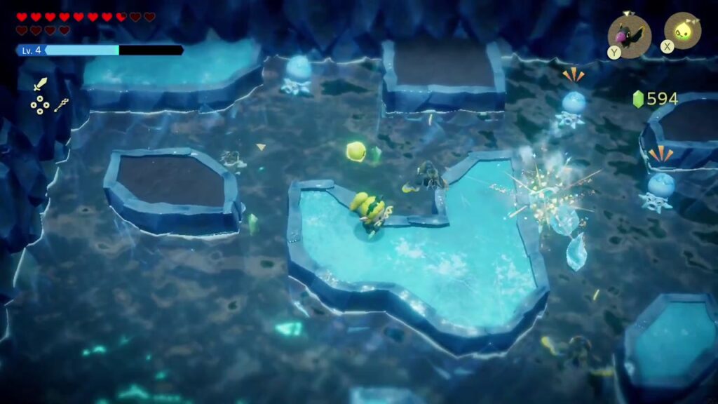 Hebra Mountain: A Rift on Holy Mount Lanayru - The Legend of Zelda: Echoes of Wisdom Walkthrough 122 The flooded ice-cave chamber with icy platforms and Ice Octos that hides the Ice Spikes chest on Hebra Mountain.