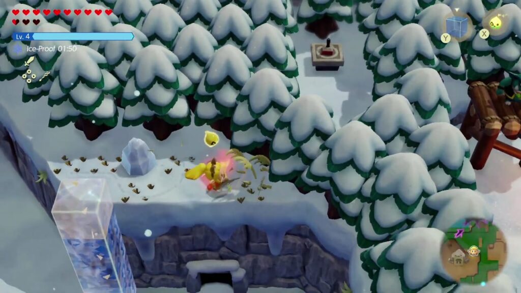 Hebra Mountain: A Rift on Holy Mount Lanayru - The Legend of Zelda: Echoes of Wisdom Walkthrough 117 An ice crystal sits on the ledge in front of the pines just outside Condé's House, guarding the second stamp stand.