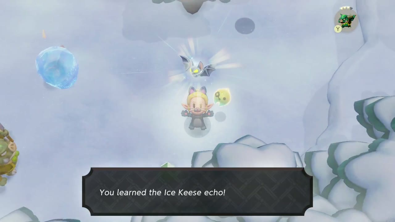 Zelda aprende o Gelo Keese ecoam no campo de neve varrido pelo vento da montanha Hebra. Zelda aprende o Gelo Keese ecoam no campo de neve varrido pelo vento da montanha Hebra.