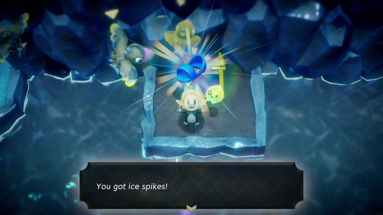 Zelda holds up the blue Ice Spikes on a chest platform in a Hebra Mountain ice cave Zelda holds up the blue Ice Spikes on a chest platform in a Hebra Mountain ice cave