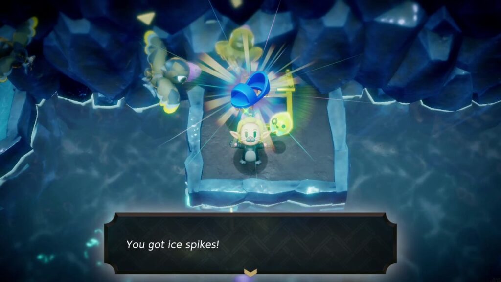 Hebra Mountain: A Rift on Holy Mount Lanayru - The Legend of Zelda: Echoes of Wisdom Walkthrough 123 "You got ice spikes!" Zelda holds up the Ice Spikes on the raised platform in the flooded ice cave.