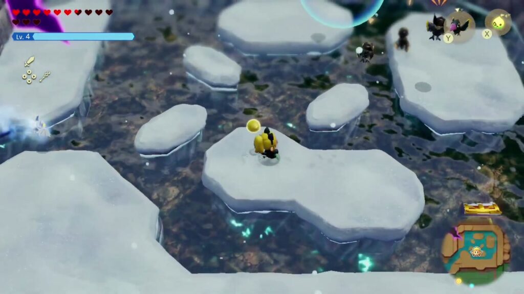 Hebra Mountain: A Rift on Holy Mount Lanayru - The Legend of Zelda: Echoes of Wisdom Walkthrough 56 Zelda on an ice floe in the walled pool where Ice Wizzrobes and crows attack.
