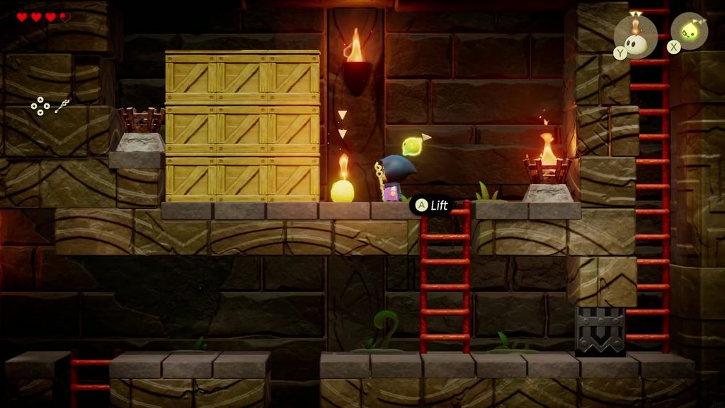 Zelda places an Ignizol against the stack of nine wooden boxes blocking the left brazier