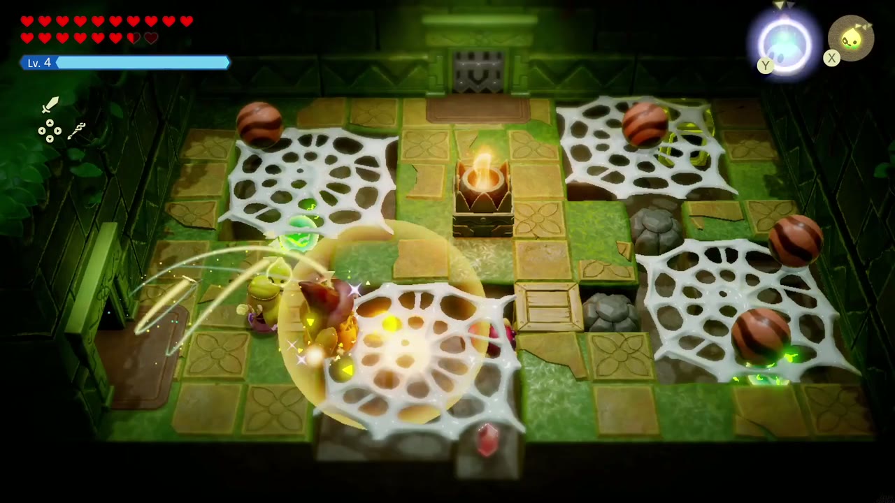 Flames spread across the webs as Zelda's fire echo burns through the web room of the Hidden Ruins. Flames spread across the webs as Zelda's fire echo burns through the web room of the Hidden Ruins.