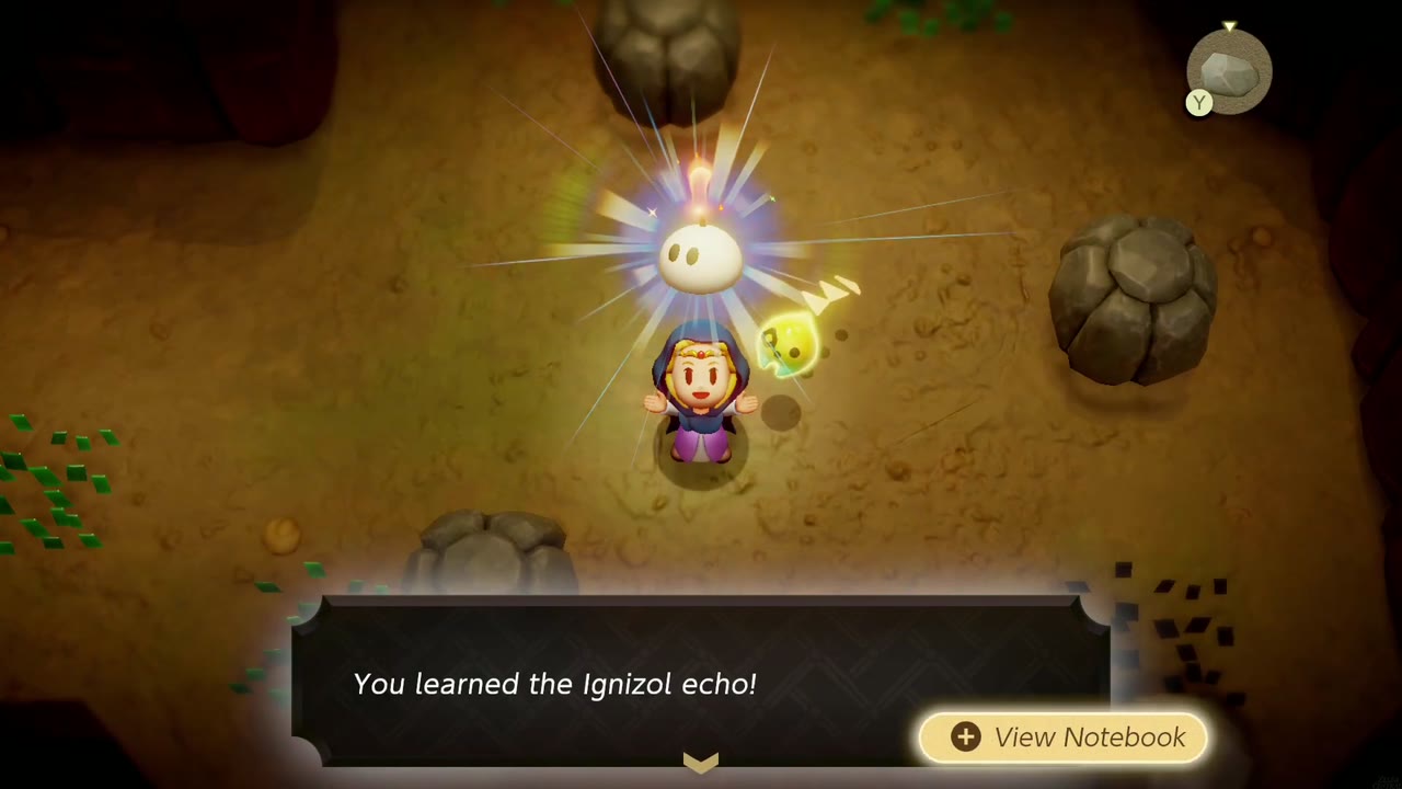 Zelda aprende o eco de Ignizol em uma caverna de rocha vermelha na Floresta de Suthorn. Zelda aprende o eco de Ignizol em uma caverna de rocha vermelha na Floresta de Suthorn.