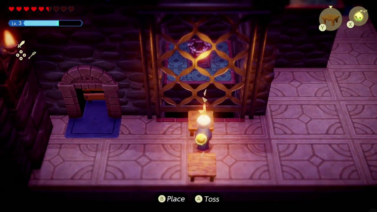 Hyrule Castle: Still Missing - The Legend of Zelda: Echoes of Wisdom Walkthrough 70 Zelda sets an Ignizol on a Table pushed against the grate to reach the hidden torch in Hyrule Castle B2.