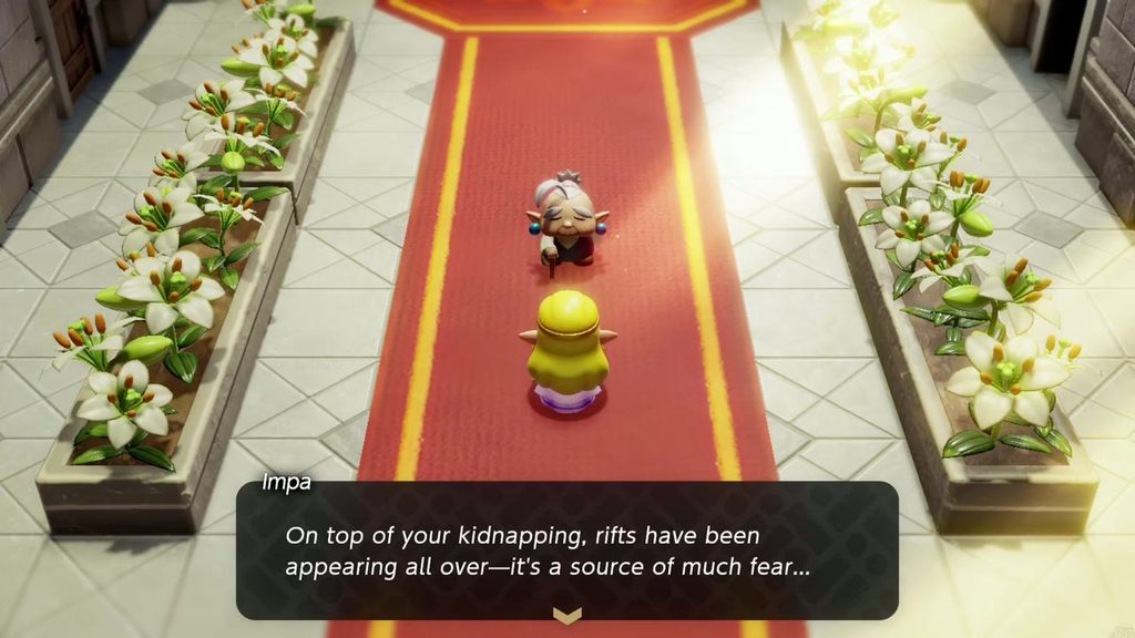 Impa greets Zelda on the red carpet of the Hyrule Castle hall and warns of rifts appearing everywhere