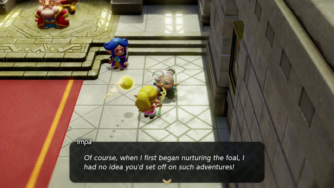 Impa's Gift: Impa tells Zelda in the Throne Room about the foal she raised for her. Impa's Gift: Impa tells Zelda in the Throne Room about the foal she raised for her.