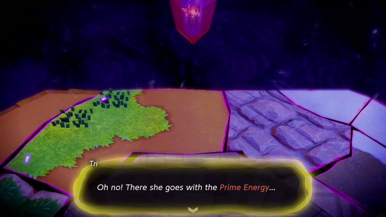 The Eternal Forest - The Legend of Zelda: Echoes of Wisdom Walkthrough 86 Tri reacts as the defeated impostor sinks away: "Oh no! There she goes with the Prime Energy..."