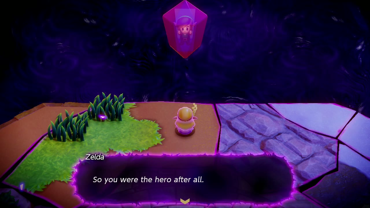 The Eternal Forest - The Legend of Zelda: Echoes of Wisdom Walkthrough 81 The fake Zelda waits beneath Link's pink crystal in the Stilled Ancient Ruins arena before the boss fight.