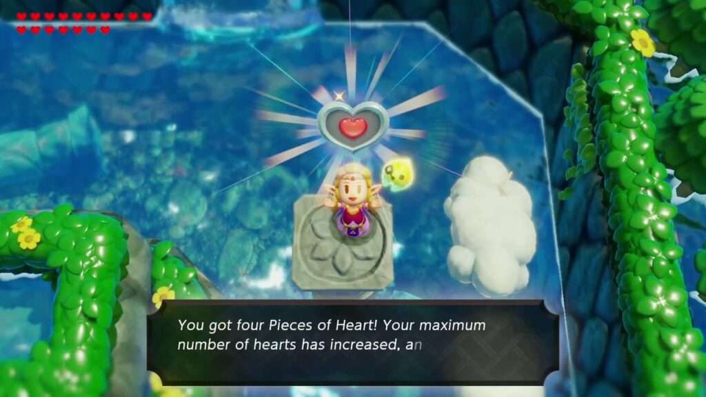 Zelda hält das Herzteil auf die Säule: „Du hast vier Herzteile! Deine maximale Anzahl…“
