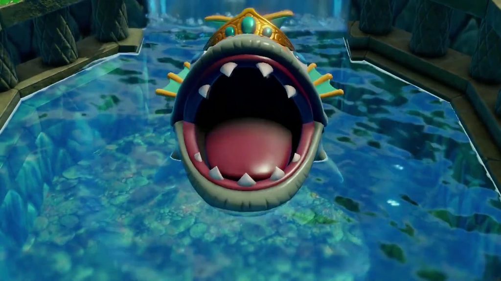 The Jabul Waters Rift - The Legend of Zelda: Echoes of Wisdom Walkthrough 28 Lord Jabu-Jabu surfaces in the Crossflows Plaza pool and opens his huge mouth.