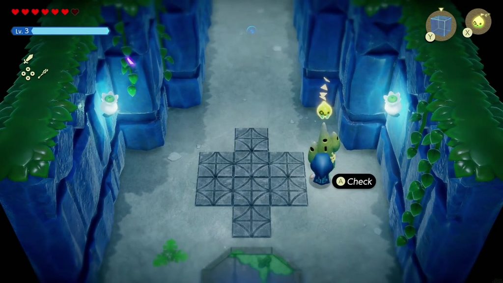 Zelda enters Jabul Ruins' first hall, with the Waypoint statue's Check prompt beside the cross-shaped floor tiles.